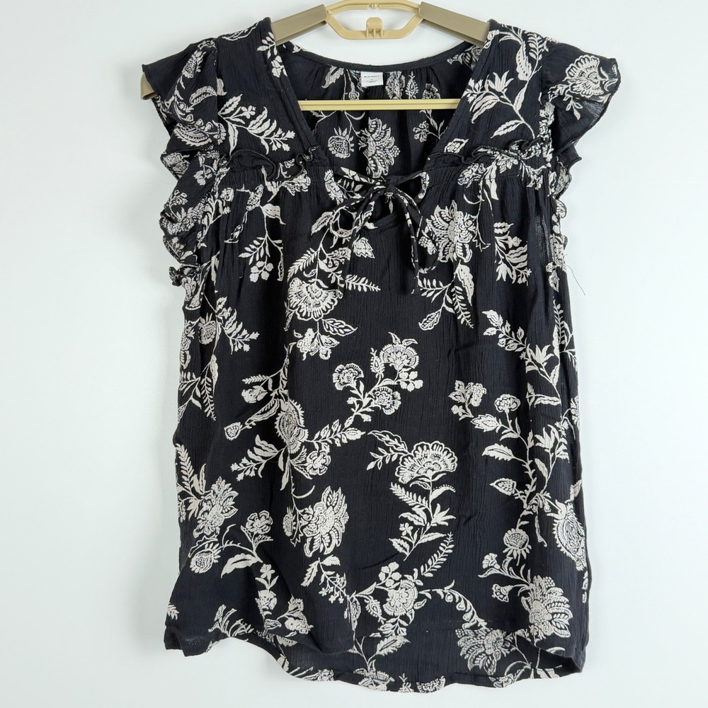 Old Navy Black Floral Ruffle Cap Sleeve Tie Neck Blouse Top Small